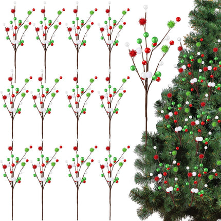 Hotop 12 Pcs 16 Inch Christmas Tree Picks Decorations Red Green Christmas Picks and Sprays Ornaments Floral Branches and Ball Picks for Holiday Xmas Tree Topper