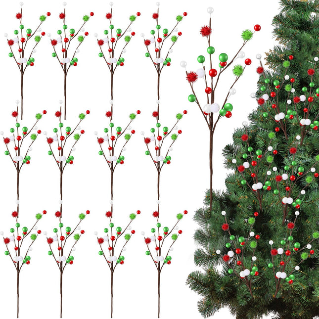 Hotop 12 Pcs 16 Inch Christmas Tree Picks Decorations Red Green Christmas Picks and Sprays Ornaments Floral Branches and Ball Picks for Holiday Xmas Tree Topper
