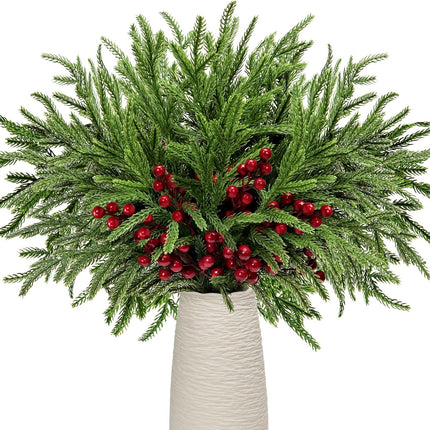 Norfolk Pine Branches Red Berry Stems 17" Artificial Christmas Greenery Picks Fake Pine Needles with Holly Berries for Xmas Tree Filler Decorations Festival Holiday Vase DIY Garland Craft (8, Green)