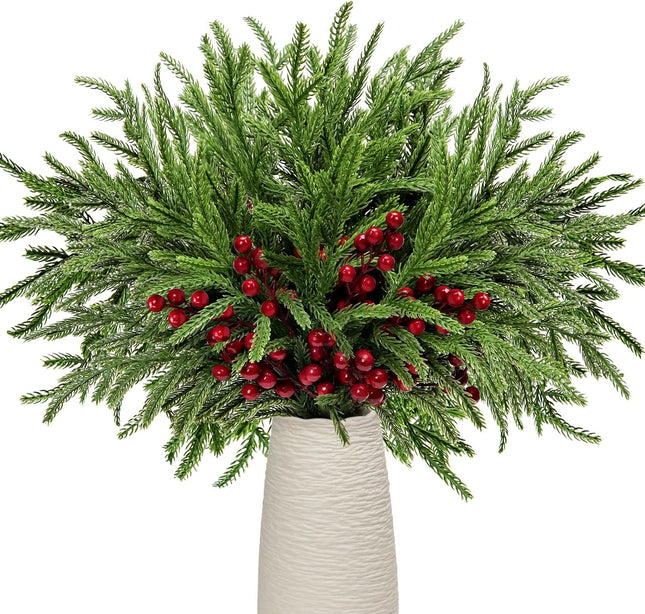 Norfolk Pine Branches Red Berry Stems 17" Artificial Christmas Greenery Picks Fake Pine Needles with Holly Berries for Xmas Tree Filler Decorations Festival Holiday Vase DIY Garland Craft (8, Green)