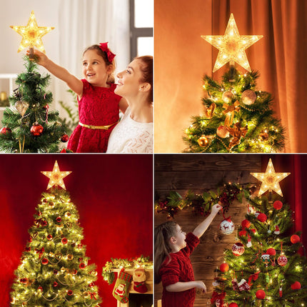 Christmas Tree Topper Lighted Star with Built-in 10 Replaceable Bulbs, 9.5” Clear Five-Pointed Star Tree Topper Plug in for Indoor Office Xmas Year Holiday Tree Decoration, Warm White