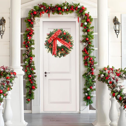 Christmas Wreath with Lights，20''Bowknot Christmas Wreaths for Front Door, Shiny Ball Reindeer Leave for Christmas Year Home Décor