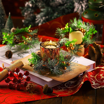 6 Pieces Christmas Candle Ring Artificial Berry Candle Rings with Pine Cones Small Wreaths for Home, Wedding, Living Room and Christmas Holiday Table Decoration (Gold, 4.7 Inch)