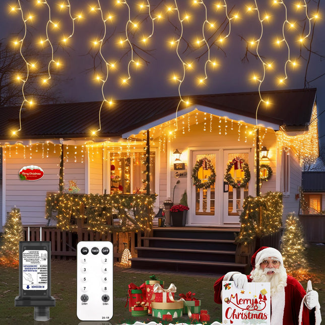 Christmas Icicle Lights Outdoor, 32.8FT 502 LED Warm White Lights for Outside, Plug in Connectable Twinkle Tree Lights 8 Modes Timer Waterproof for Roof Balcony Indoor Holiday Decorations