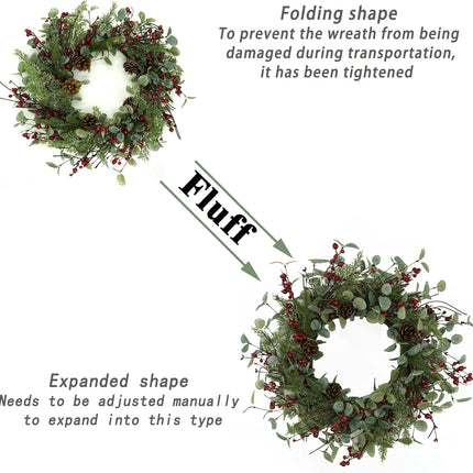Christmas Wreath, Christmas Wreaths for Front Door,Artificial Christmas Wreath with Sparkling Leaves and Pine Needles are paired with Plump Pine and red Berries,Wreath for Indoor Wall Window Decor.