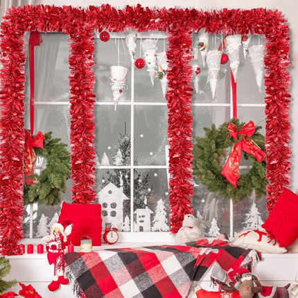 BLEUM CADE 2Pcs 65.6Ft Christmas Tinsel Garland, Red Tinsel Garland for Xmas Tree Decorations Holiday Birthday Wedding Party Supplies