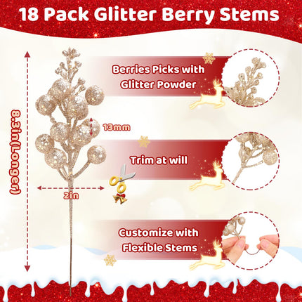Champagne Gold Ornaments for Christmas Tree Decorations,18 Pack Christmas Tree Picks, Artificial Glitter Berries Stems, Champagne Gold Christmas Tree Stems for Christmas Tree Topper, Filler, Wreath