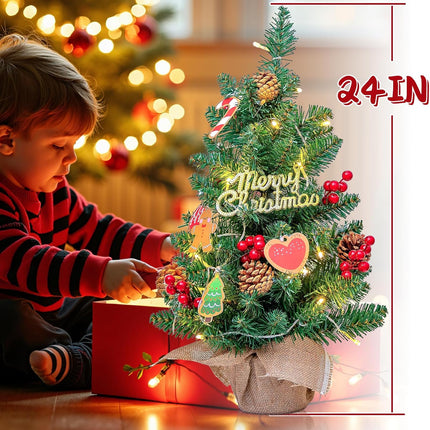 24" Mini Christmas Tree with LED Lights, Small Tabletop Christmas Tree for Indoor Christmas Decorations with Sign, Red Berries, Pine Cones, Hanging Cards,Ideal Christmas Decor for Home, Office & Party