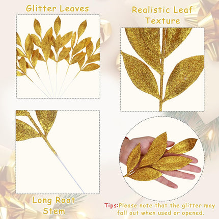 Felice Arts 6 Pack Artificial Golden Glitter Leaves 13" Fake Christmas Picks Decorative Glitter Sticks for Vase Christmas Tree DIY Wreath Crafts Fireplace Decor