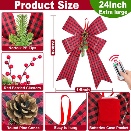 24'' x 14'' Prelit Large Christmas Bows Decorations with 8 Modes Timer Remote, 20 Lights Black Red Buffalo Plaid Xmas Wreath Bow for Christmas Tree Topper Garland Outdoor Indoor Home (Battery Powered)