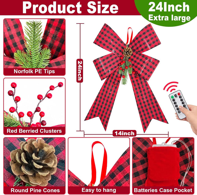 24'' x 14'' Prelit Large Christmas Bows Decorations with 8 Modes Timer Remote, 20 Lights Black Red Buffalo Plaid Xmas Wreath Bow for Christmas Tree Topper Garland Outdoor Indoor Home (Battery Powered)