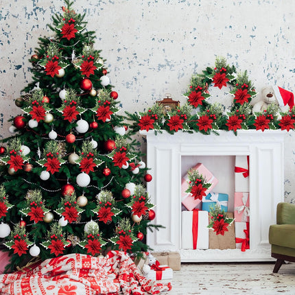 Hotop 12 Pcs Poinsettia Flowers Christmas Artificial Glitter Flower with Clips Poinsettia Christmas Decorations Artificial Christmas Flowers for Garland Wreath Tree Home Party (Red,Classic)