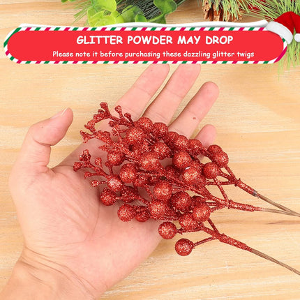 HOHOTIME 36Pcs Christmas Glitter Berries Stems, 9.5 Inch Artificial Christmas Tree Picks for Christmas Tree Decorations Ornaments DIY Crafts Vases Holiday Wedding Home Xmas Decor（Red