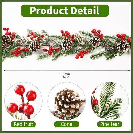 6.8 FT Artificial Christmas Pine Garlands Decoration, Faux Real Touch Norfolk Pine Garland Christmas Greenery Garland with Red Berries Cedar for Mantle Fireplace Stairs Indoor Xmas Home Holiday Decor
