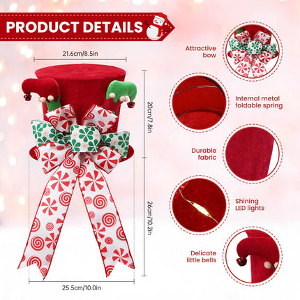 Christmas Tree Topper Hat Lighted,Large Red Velvet Hat with Elf Legs and Lengthened Bowknot, Small Bells and Light Strings,Christmas Tree and Tabletop Decorations for Holiday Home Decor