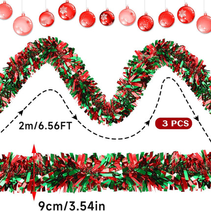 MARFOREVER 3 Pcs Christmas Tinsel Garland Tree Decoration Red Green Metallic Tinsel Twist Garland Hanging Supplies for Christmas Holidays Year Party Indoor Outdoor Home Wall Decor 19.7 Feet
