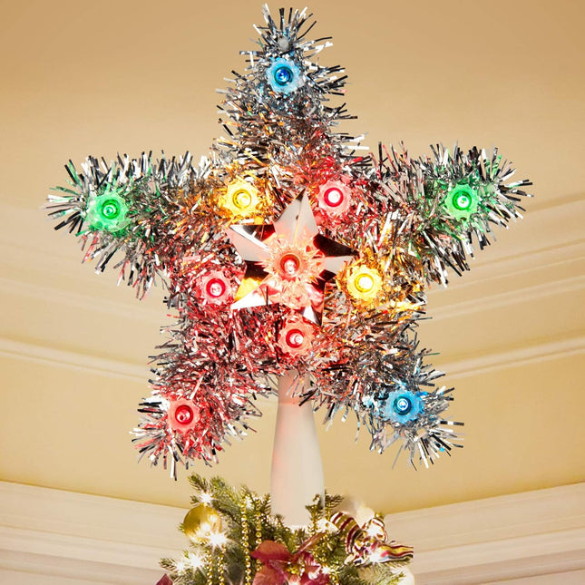 Tinsel Wreath Tree Topper with 10 Mini Lights, 8” Colorful Star Christmas Tree Top for Indoor Outdoor Office Holiday Decorations (Multicolored)