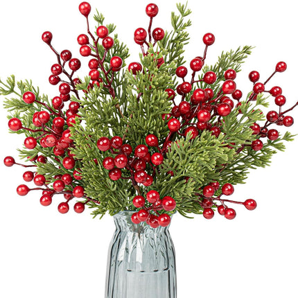 30 PCs Christmas Tree Picks Classic Christmas Picks 9.5 Inches Pine Needle Branches 6.5 Inches Red Holly Berry Stems for Winter Craft Wrapping Tree Garland Vase Floral Arrangements