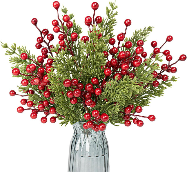 30 PCs Christmas Tree Picks Classic Christmas Picks 9.5 Inches Pine Needle Branches 6.5 Inches Red Holly Berry Stems for Winter Craft Wrapping Tree Garland Vase Floral Arrangements