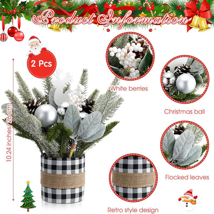 2 Pcs Christmas Table Centerpiece Buffalo Check Plaid Christmas Table Tree Mini Tabletop Artificial Decorations Small Christmas Centerpiece for Winter Home(Black and White)