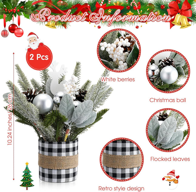 2 Pcs Christmas Table Centerpiece Buffalo Check Plaid Christmas Table Tree Mini Tabletop Artificial Decorations Small Christmas Centerpiece for Winter Home(Black and White)