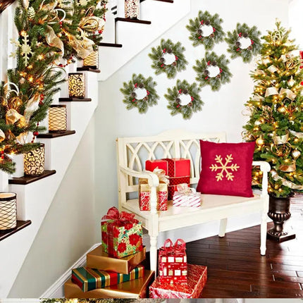 XHXSTORE 6PCS Christmas Candle Rings Christmas Small Wreath 8.26" Artificial Cedar with Pine Cones Farmhouse Wreath Artificial Snowflakes for Front Door Windows Centerpieces Tree Decorations