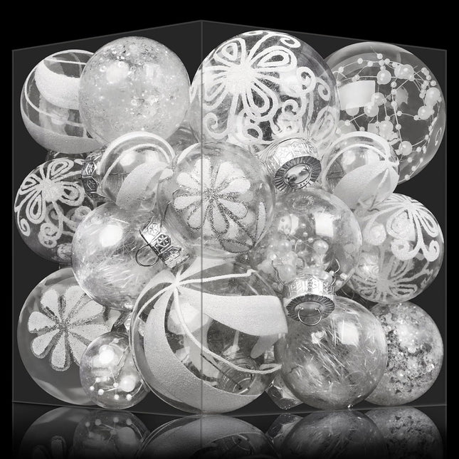 36PCS White Christmas Ball Ornaments Clear Large Shatterproof Plastic Christmas Ornaments Hanging Christmas Tree Decorations Glitter Set for Xmas Party Home Holiday Decor in 6 Styles