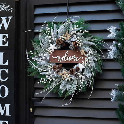 Winter Wreaths for Front Door 24 Inch Outdoor Christmas Snow Covered Wreath Artificial Flocked Spruce Wreath with Pinecones,White Berries,Green Evergreen Xmas Holiday Welcome Wreath Decor