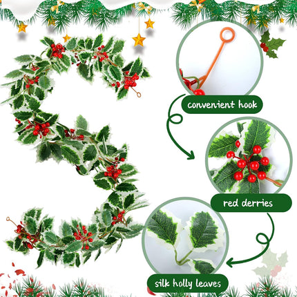 3 Pieces Christmas Garland Red Berry Green Garland 5.7 Ft Artificial Christmas Red Berry Flower Vine Winter Holly Leaves Garland Outdoor for Xmas Christmas Fireplace Home Decor (Fresh Style)
