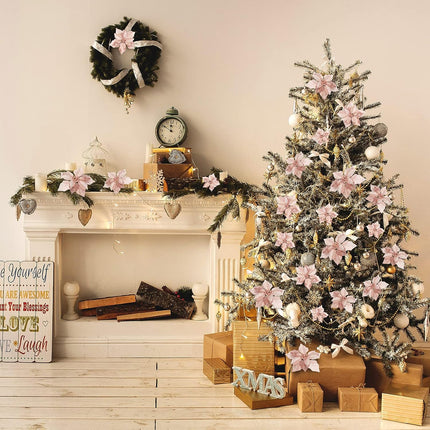 Boao 24 Pieces Christmas Artificial Glitter Poinsettia Flowers Xmas Flowers Wedding Christmas Tree Year Ornaments(Rose Gold)