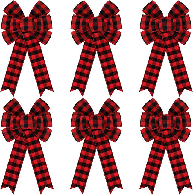 6 Counts Buffalo Plaid Bow Halloween Thanksgiving Christmas Wreath Bow 10 Inch Fall Bow for Christmas Tree Crafts DIY Bow Decoration (Red and Black)