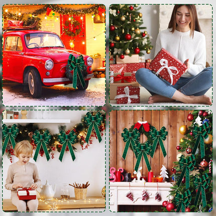 Lenwen 12 Pcs Large Christmas Bows 11 x 19.6 inch Velvet Christmas Wreath Bows Christmas Tree Topper Bow with Golden Edge Big Xmas Ornament for Wreath Home Front Door Decor (Green)