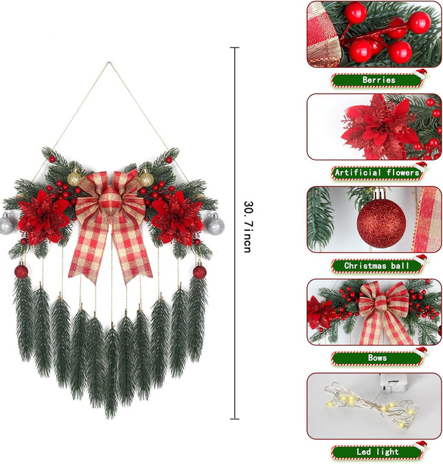 Hanging Christmas Decorations with Lights for Front Door Fireplace Artificial Christmas Greenery Greens Red Berries Bow Pine Needles Wreath Wall Decor for Home Xmas Holiday Party Indoor Porch