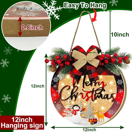[Pre-Lit & Timer] Merry Christmas Wreath Sign for Front Door Sign with Lights Christmas Decorations Battery Operated Buffalo Plaid Bow Snowflake Snowman Decorated Window Wall Home Decor Xmas Farmhouse