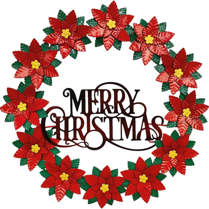 16” Metal Christmas Wreath for Front Door, Poinsettias Handcrafted Holiday Xmas Door Wreaths Clearance Porch Decorations