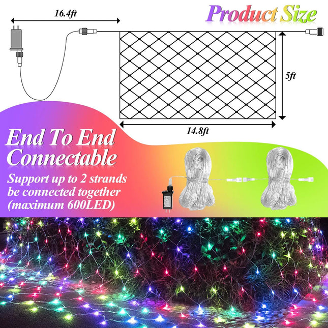 LitHome 300 LED Outdoor Christmas Net Lights,14.8ft x 5ft Connectable Mesh Fairy String Lights with 8 Modes,Waterproof Plug in Mesh Lights for Bushes, Garden, Backyard, Holiday, Christmas(Multicolor)