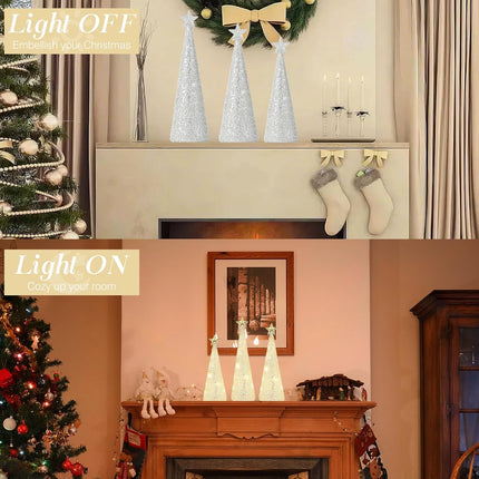 Lewondr LED Glass Christmas Tree Tabletop with Glitters & Beads Warm Yellow Light, 3 PCS 6H Timer Battery Operated Christmas Table Lamps Ornaments for Xmas Table Decorations Holiday Season Decor
