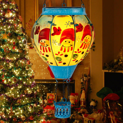 Christmas Hot Air Balloon Solar Lantern with Flame Decorations, Outdoor Waterproof Large Solar Hanging Snowman Lantern Xmas Glass Garden LED Light for Balcony Yard Patio Porch Decor