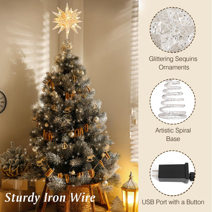 Lewondr Christmas Star Tree Topper, 3D Star Plugged Decorative Treetop with LED Light Beads for Home Holiday Xmas Decor 6-Hour Timer Function 5m Cable, Silver
