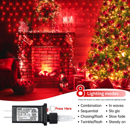 Christmas Lights Outdoor Icicle Lights 300LED 33FT 8 Modes, Connectable Hanging Fairy String Lights with 30V UL Plug in for Valentine Wedding Party Eave Garden Wall Indoor Decor, Red