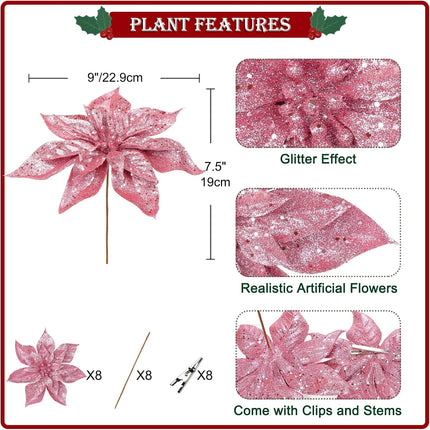 Briful 9'' Christmas Poinsettia Flowers 8PCS Pink Glitter Artificial Flowers Large Christmas Ornament Flowers for Xmas Tree Wreath Garland Decoration