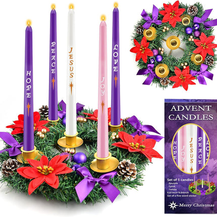 12in Christmas Advent Wreath 5 Candle Holder with Candles, Metal Cups for Taper Candles Advent Wreath and Candles Set Safety Fire Retardant Centerpiece Decorations for Table Indoor Home Church