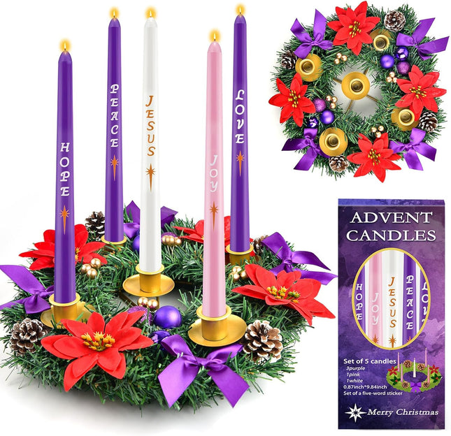 12in Christmas Advent Wreath 5 Candle Holder with Candles, Metal Cups for Taper Candles Advent Wreath and Candles Set Safety Fire Retardant Centerpiece Decorations for Table Indoor Home Church