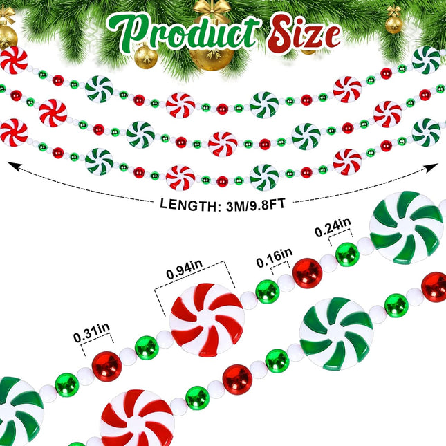 Whaline 9.8Ft Christmas Tree Candy Garland Fake Acrylic Peppermint Candy Christmas Garland Decoration Red White Green Candy Beaded Garland for Christmas Party Supplies Holiday Favors Xmas Home Decor