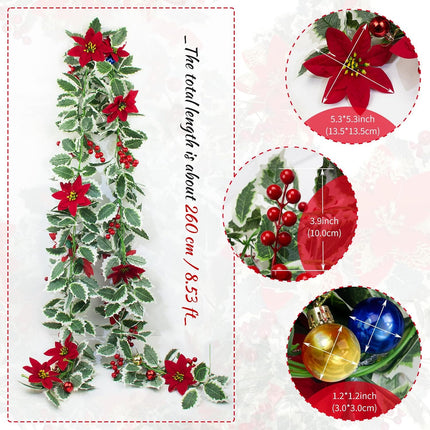 Christmas Poinsettia Garland 25.5 Feet Artificial Poinsettia Garland with White Edge Green Holly Leaves for Xmas Home Dining Room Deck Railing Staircase Decorations (Poinsettia&Ball&Berry)