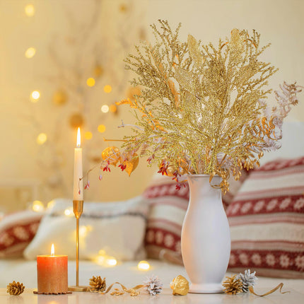 Winlyn 30 Pcs Christmas Artificial Leaf Sprays Cedar Picks Gold Glittered Christmas Tree Ornaments Floral Stems for Gold Christmas Tree Wreaths Swag Centerpieces Holiday Seasonal Wedding Decorations