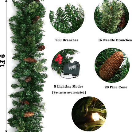 Christmas Garland by KALOR - 9 feet Pine Garland with 50 Battery Operated Lights - Christmas Décor with Pine Cone for Indoor Home Holiday Xmas Decorations