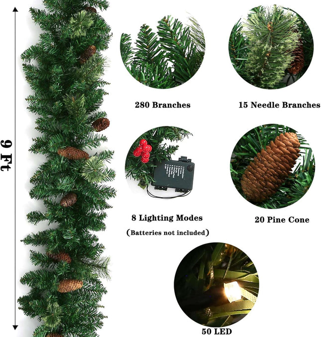 Christmas Garland by KALOR - 9 feet Pine Garland with 50 Battery Operated Lights - Christmas Décor with Pine Cone for Indoor Home Holiday Xmas Decorations