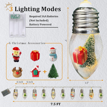 VVolf Christmas Lights for Indoor, Snow Globe String Lights, Christmas Snow Globes with 10LED Globe Bulbs String Light with Tree& Snow & Cute Ornaments for Home Decor