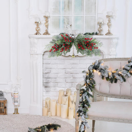 SHACOS 26 inch Artificial Christmas Swags Frosted Flocked Cedar Swag with Pine Cones Red Berries and Bells Xmas Mailbox Swag Front Door Windows Wall Swag Mantel Table Holiday Decor Indoor Outdoor